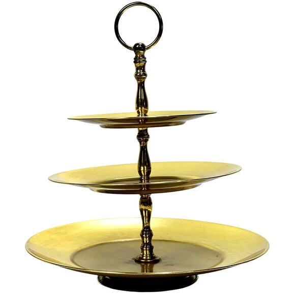 Three Tier Brass Colored Aluminum MCM Decorative Dessert Cake Appetizer Stand - Picture 2 of 7